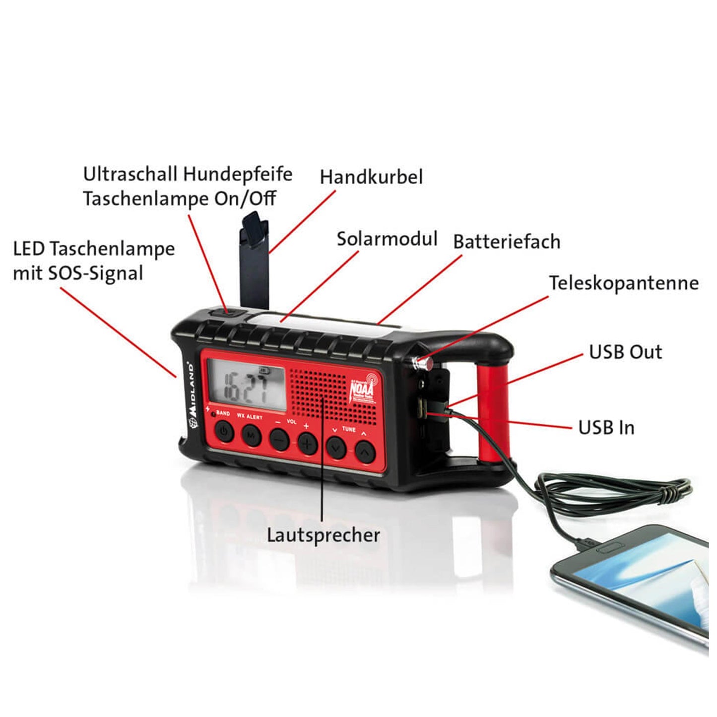 Midland Outdoor Kurbel-Radio ER 300 rot